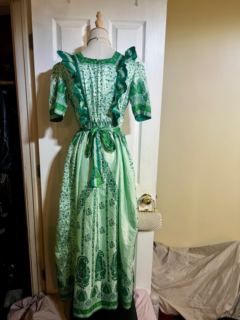 Vintage Wms Handmade Silk Satin Floral Paisley Pleated Festival Maxi Dress L - Picture 7 of 14